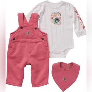 Carhartt Pink Baby Bib Overalls Set with White Logo Bodysuit